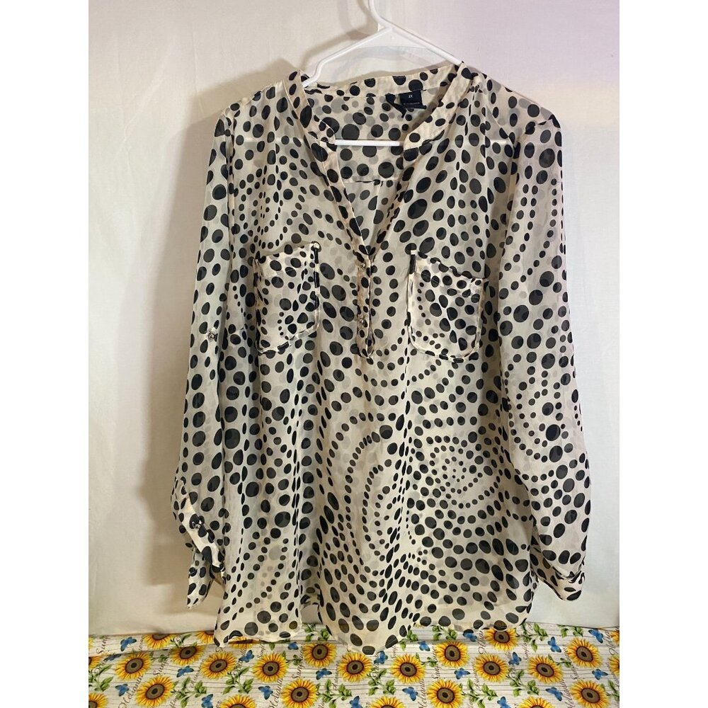 New Direction 2X Cream with Black Polka Dots Sheer Long Sleeve Blouse with front
